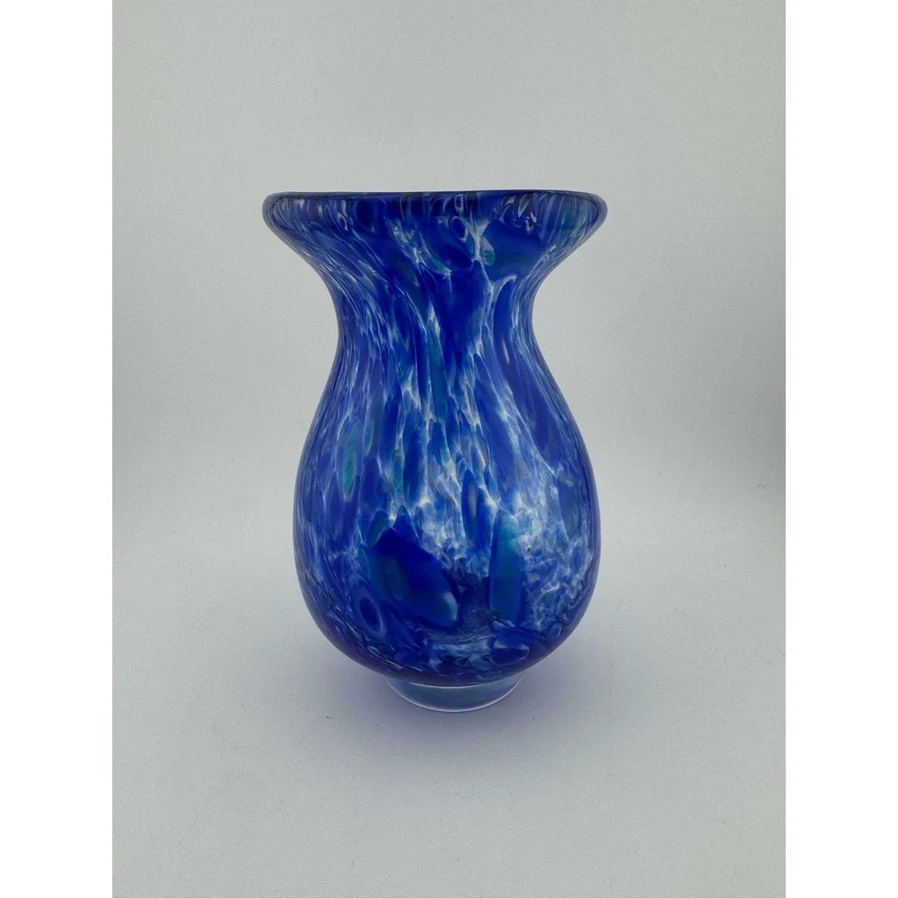 Blue Art Glass Vase Swirl‎ Design Round Home Decor Unique Small Vase